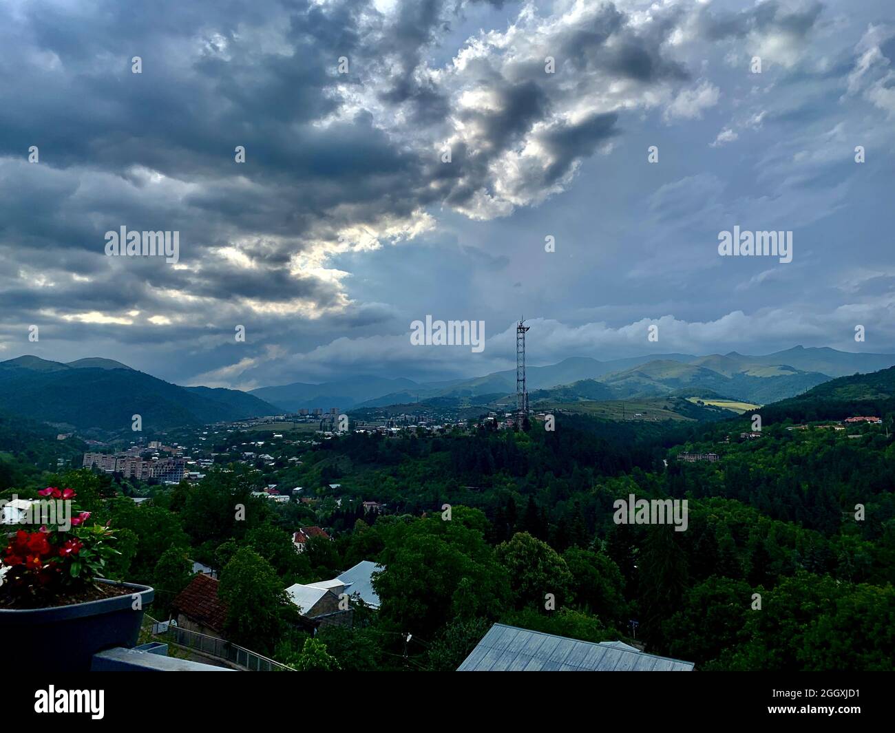 Cityscape and nature of Dilijan from a terrace on a cloudy day in Armenia Stock Photo