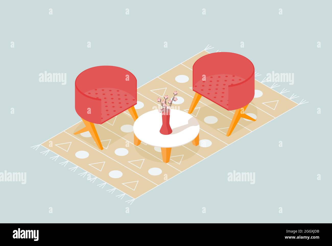 Isometric living room corner with chairs, table, flowers in vaase and ...