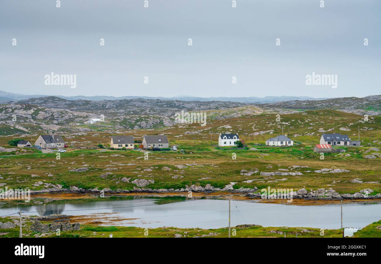 View of village of Ardvey on The Bays on East coast of Isle of Harris, Outer Hebrides, Scotland, UK Stock Photo