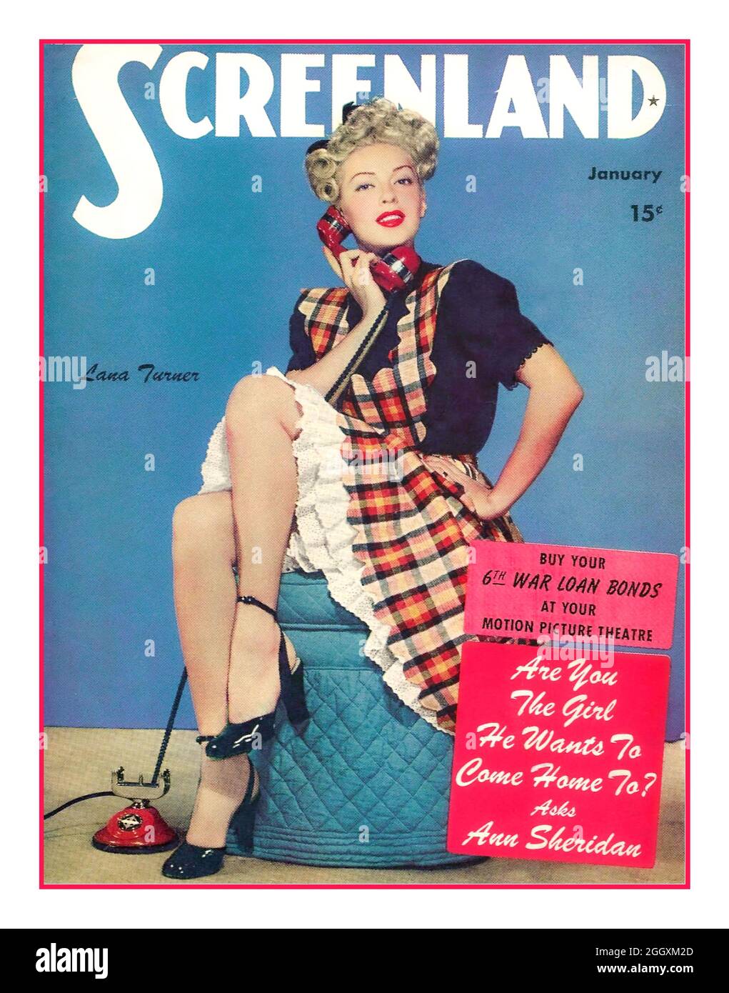 WW2 Lana Turner on the cover of Screenland magazine, January 1945. Movie magazine, Vintage movies, Lana Turner Screenland was a monthly U.S. magazine about movies, published between September 1920 and June 1971, Stock Photo