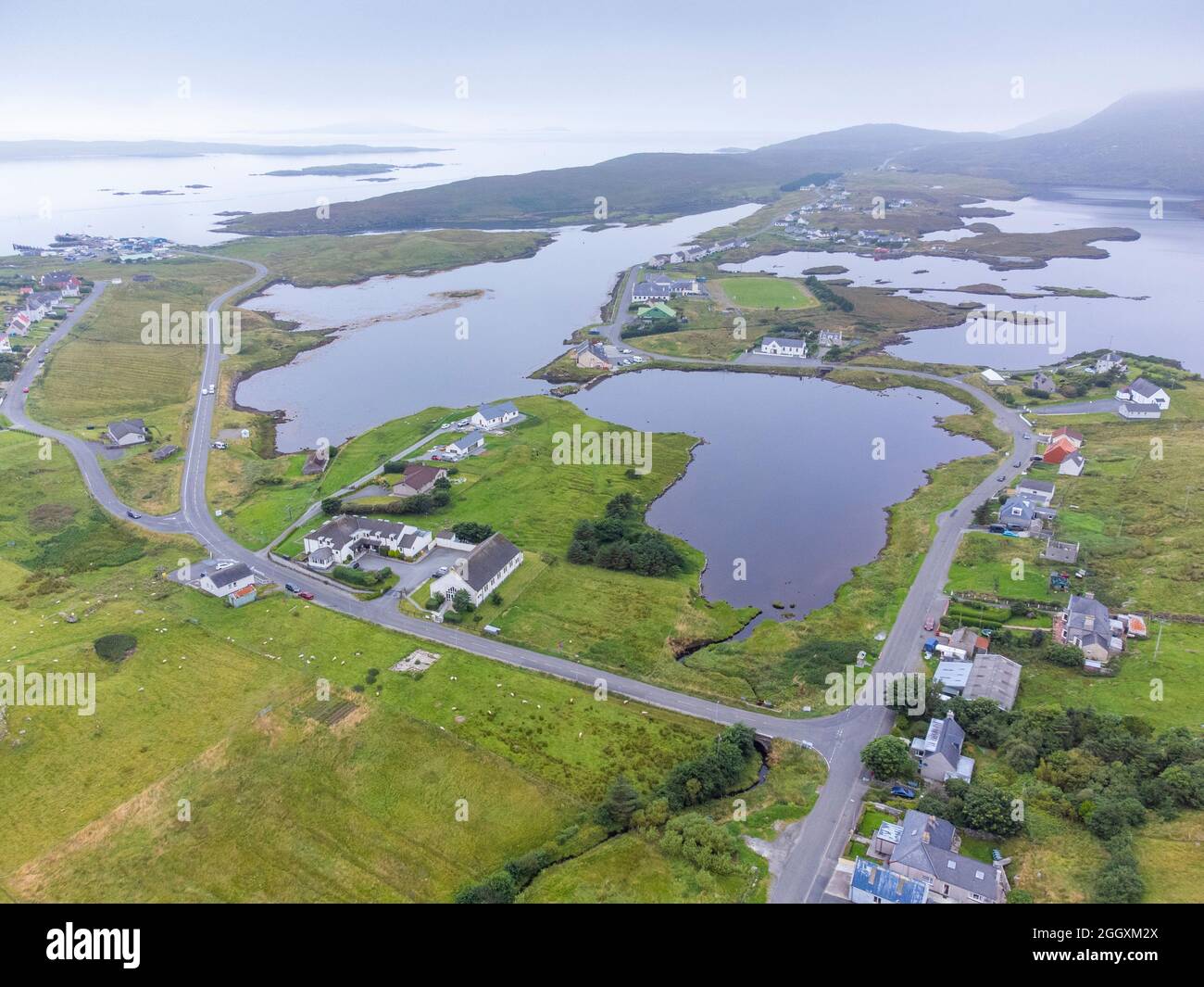 Aerial view from drone of village of Leverburgh on Isle of Harris, Scotland ,UK Stock Photo