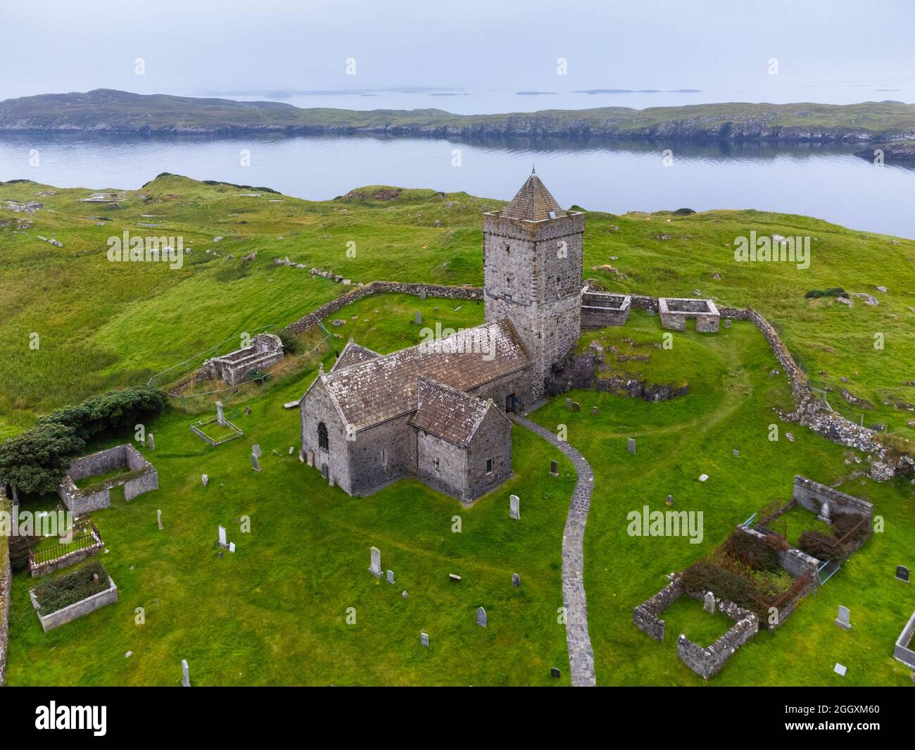 Aerial view from drone of St Clements Church at Rodel on Isle of Harris, Scotland ,UK Stock Photo