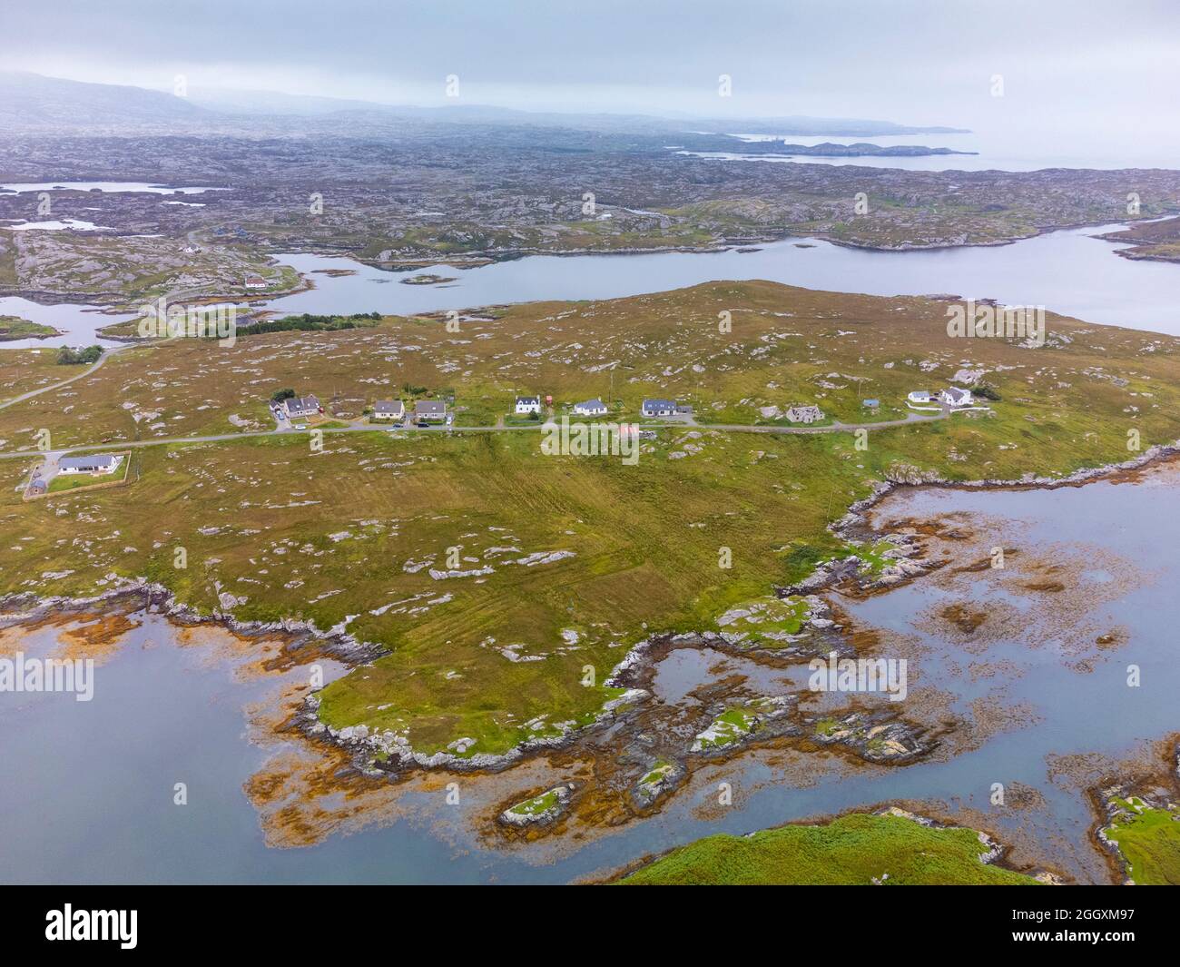 Aerial view from drone of village of Ardvey on The Bays on East coast of Isle of Harris, Outer Hebrides, Scotland, UK Stock Photo