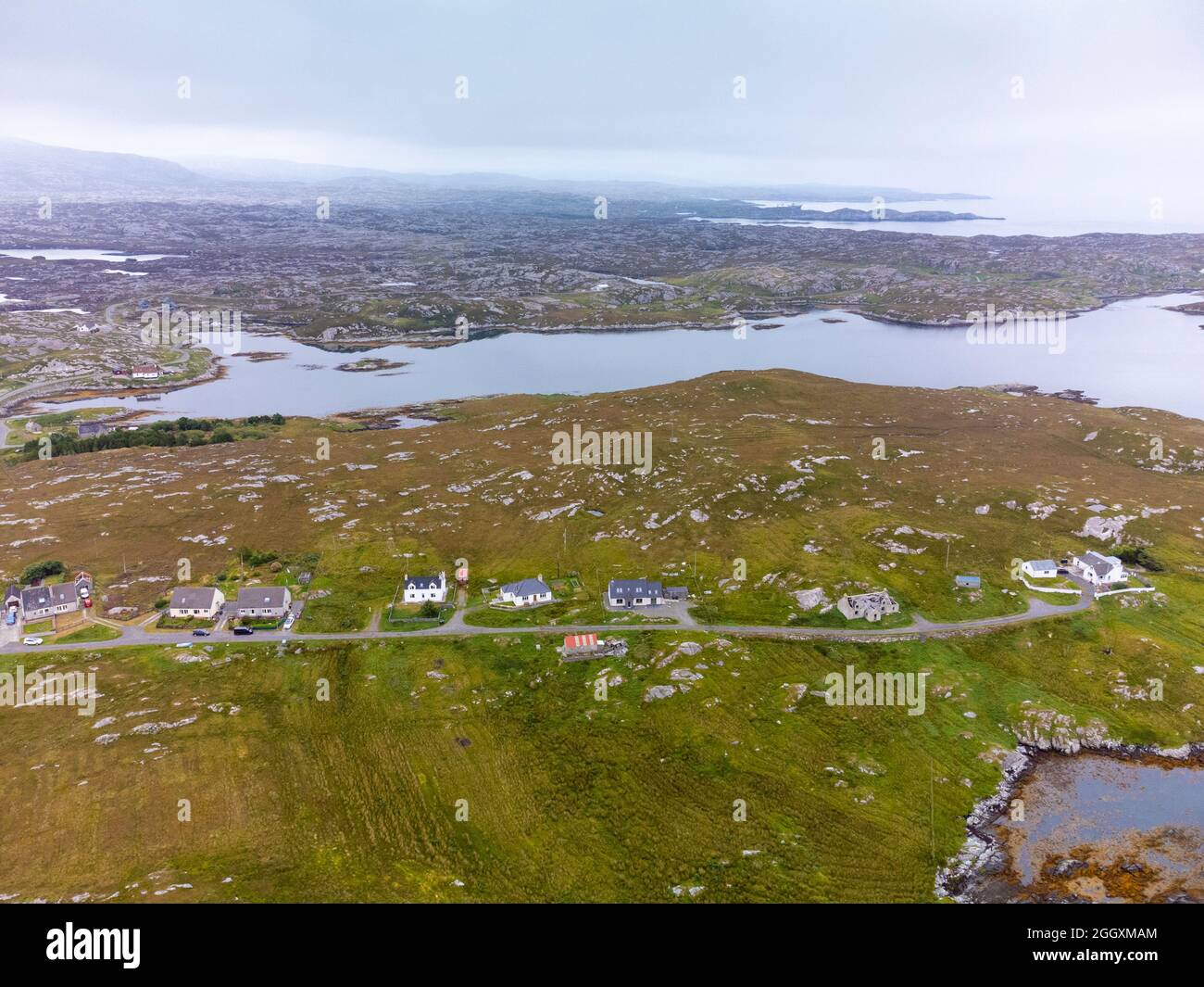 Aerial view from drone of village of Ardvey on The Bays on East coast of Isle of Harris, Outer Hebrides, Scotland, UK Stock Photo