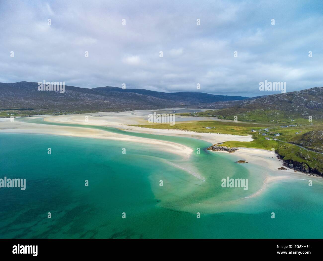 Aerial view from drone  of Luskentyre Beach and Sound of Taransay, from Seilebost on the Isle of Harris, Outer Hebrides, Scotland, UK Stock Photo