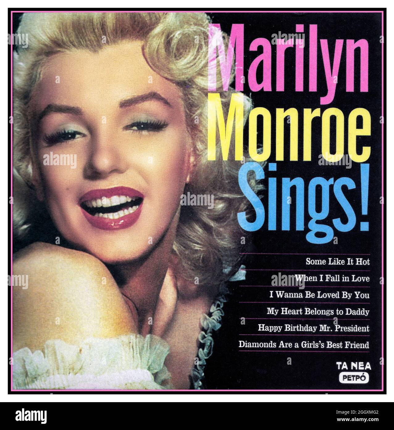 1950s Marilyn Monroe Record cover ' MARILYN SINGS' with her most notable songs 'SOME LIKE IT HOT, WHEN I FALL IN LOVE, I WANNA BE LOVED BY YOU, MY HEART BELONGS TO DADDY, HAPPY BIRTHDAY MR PRESIDENT, DIAMONDS ARE A GIRLS BEST FRIEND' Stock Photo