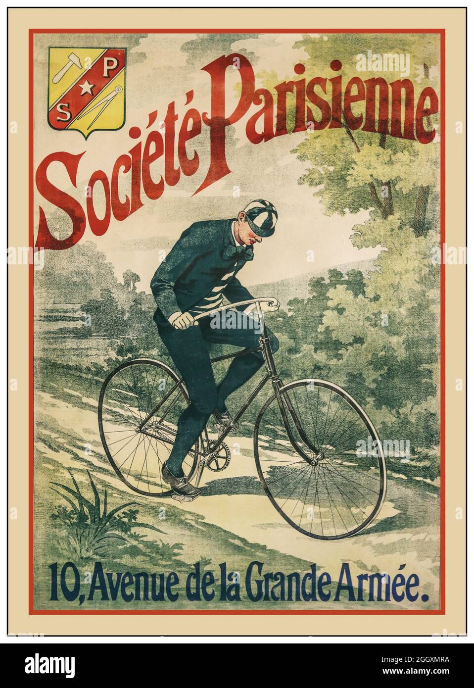 BICYCLES Vintage Poster France ‘Société Parisienne 10, Avenue de la Grande Armée’ Lithographic poster printed by: V.P. & F. – Paris Dated: c. 1890 Stock Photo