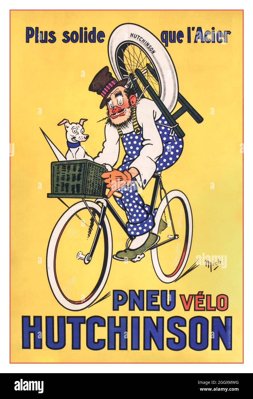 Vintage 1900s French Bycycle Tyre Poster advertisement Plus Solide Que  L'Acier Pneu Vélo Hutchinson' Lithographic poster printed by: Société  Nouvelle Affiches Gaillard Paris Amiens Artist: MICH Michel Liebeaux, (1881  – 1923 Stock