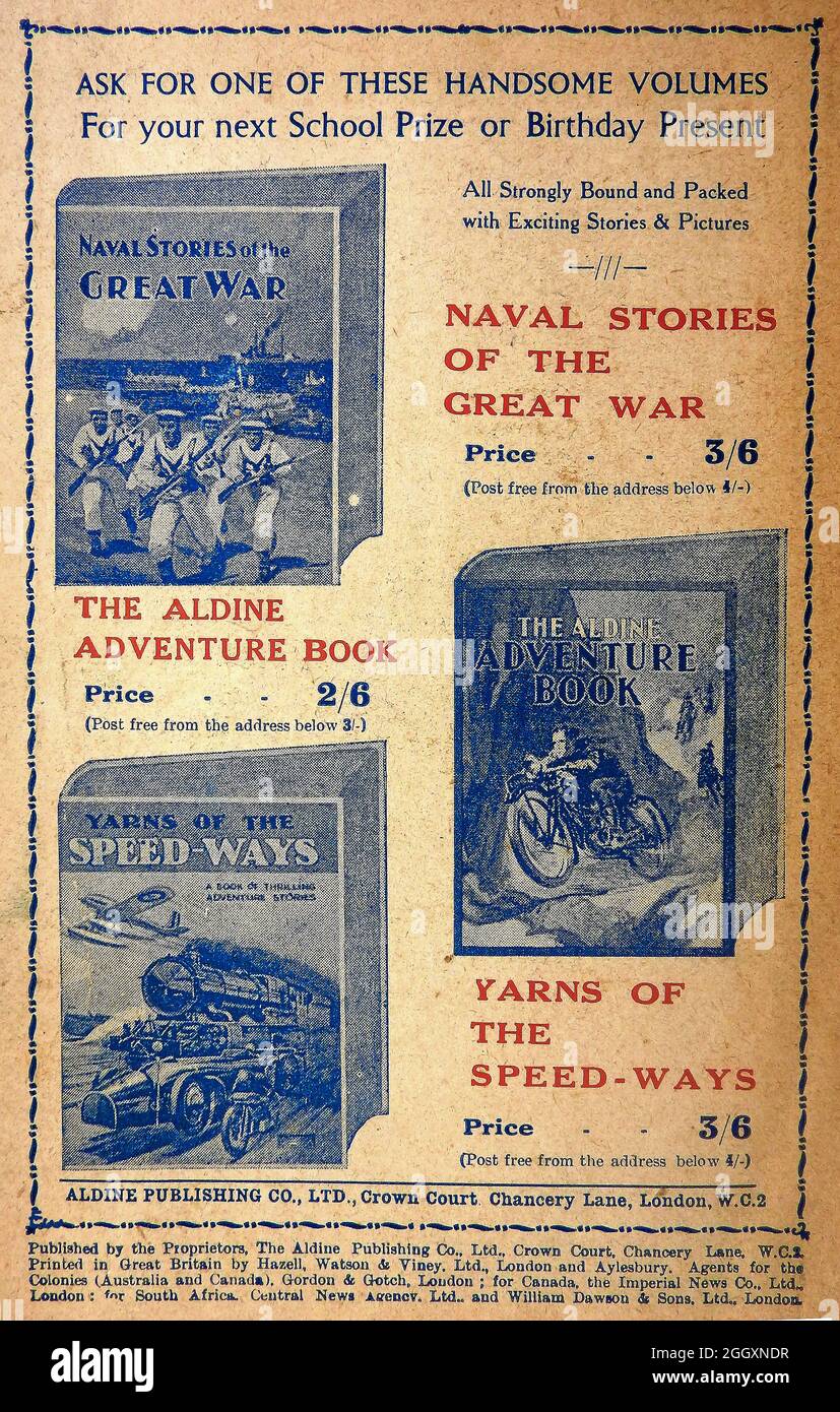 A 1939 advertisement for books produced by Aldine publishers of Crown Court, Chancery Lane, London, UK. 'Naval Stories of the Great War'; 'The Adventure Book' and 'Yarns of the Speed-ways', sold at the prices of 3/6 (three shillings and sixpence) and 2/6. Stock Photo