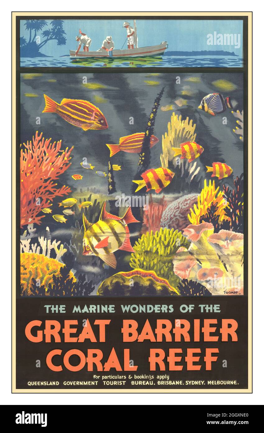 GREAT BARRIER CORAL REEF Vintage 1930s Travel Poster Lithograph 'The Marine Wonders of the Great Barrier Coral Reef' Queensland Government Tourist Bureau. Painted design featuring exotic water coral reef scene with people in a boat fishing, 1933 Artist Percival Albert Trompf Printed by Frederick Phillips. “Percival Albert (Percy) Trompf (1902-1964), commercial artist, born on 30 May 1902 at Beaufort, Victoria. Australia Stock Photo