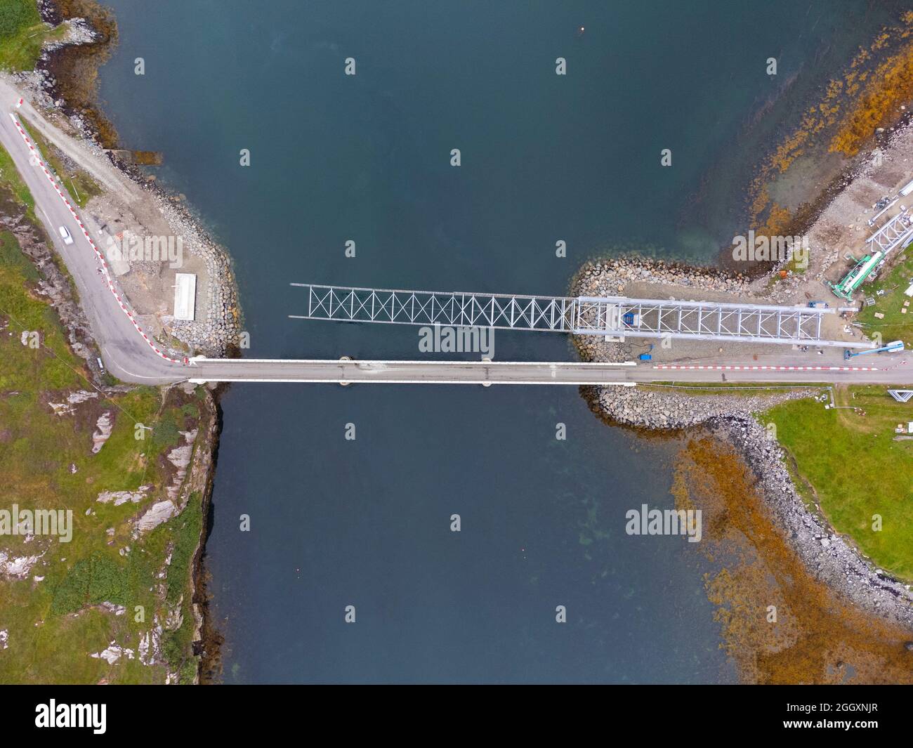 Aerial view of new bridge under construction linking islands of  Great Bernera and Lewis in the Western Isles. Steel truss single span bridge Stock Photo