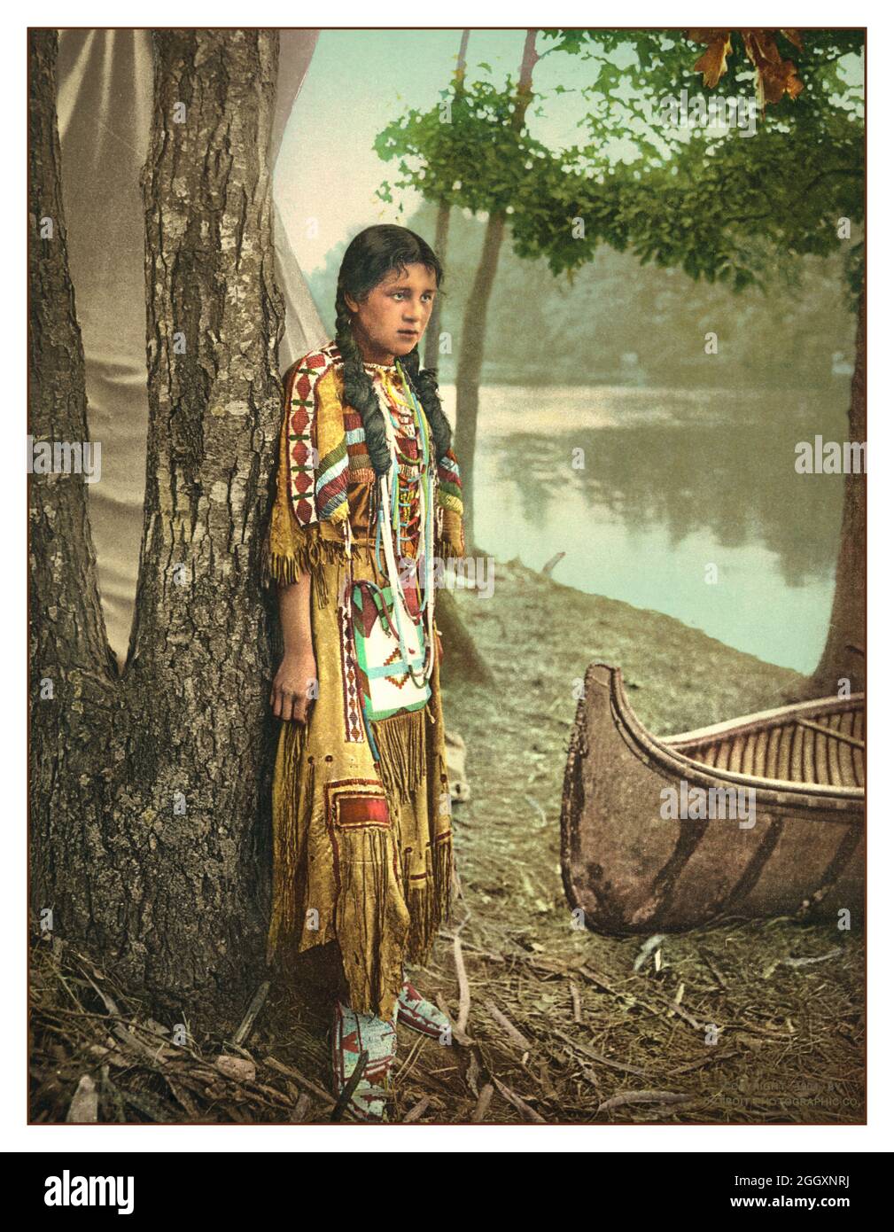 Vintage 1900s Minnehaha Photochrom Colour Image with canoe Minnehaha is a fictional Native American woman documented in Henry Wadsworth Longfellow's 1855 epic poem The Song of Hiawatha. She is the lover of the titular protagonist Hiawatha and comes to a tragic end. The name, often said to mean 'laughing water', literally translates to 'waterfall' or 'rapid water' in Dakota. Stock Photo