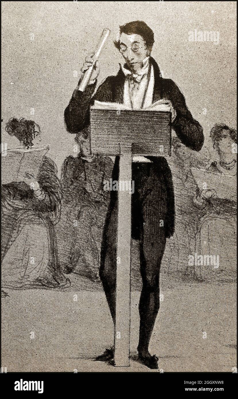 A 1939 a rare and unusual sketch portrait of Carl Maria Friedrich Ernst von Weber (1786 - 1826), credited with being the1st professional conductor to use a baton. He is also known as Carl Maria von Weber, Carl von Weber and Carl Weber.   He was a German composer, conductor, virtuoso pianist, guitarist  and music critic and one of the first significant composers who was est known for his operas, especially  German Romantische Opera (romantic operas). Early conductors had been known to use violin bows , sticks,their hands or rolled pieces of paper to indicate the rhythm of the piece being played Stock Photo