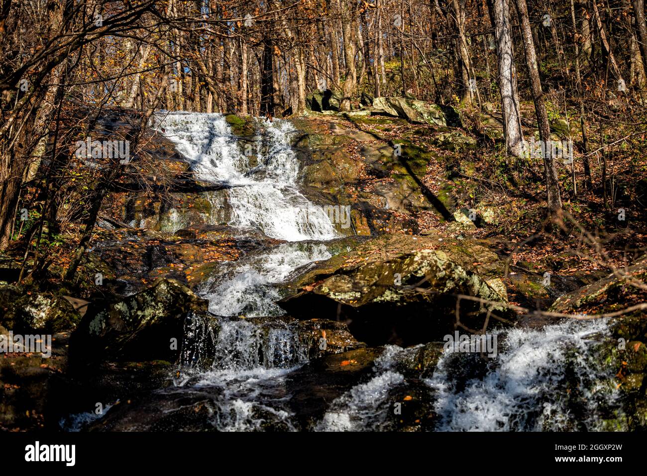Closeup of Upper Shamokin Falls famous waterfall on hiking trail in autumn fall season with
