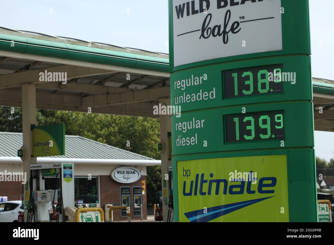 British Petroleum petrol station and current fuel prices displayed on