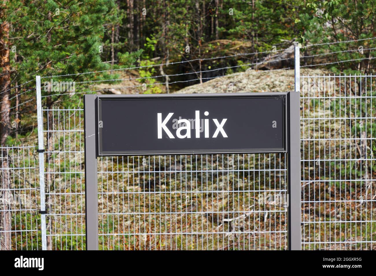 The Kalix railroad station name sign. Stock Photo