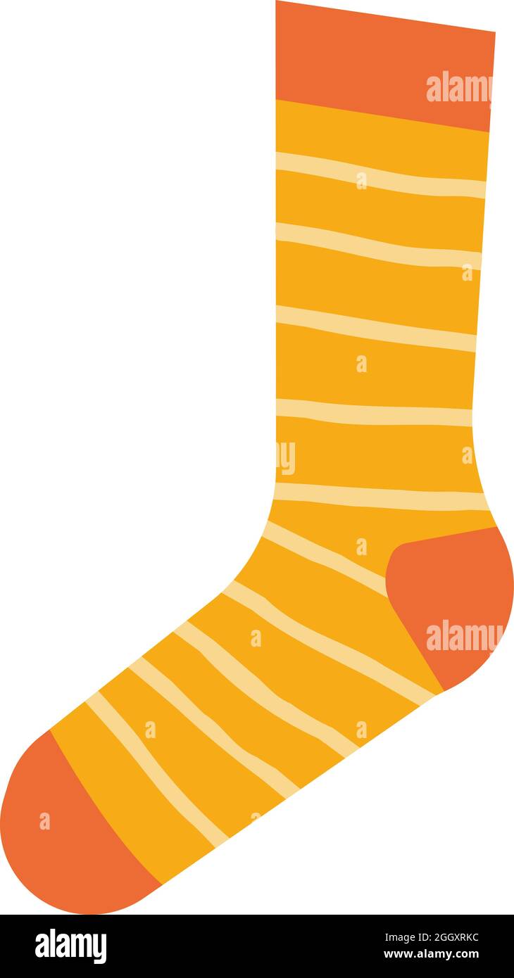Cute orange sock with stripes isolated on white in cartoon style Autumn warm cloth concept Stock Vector