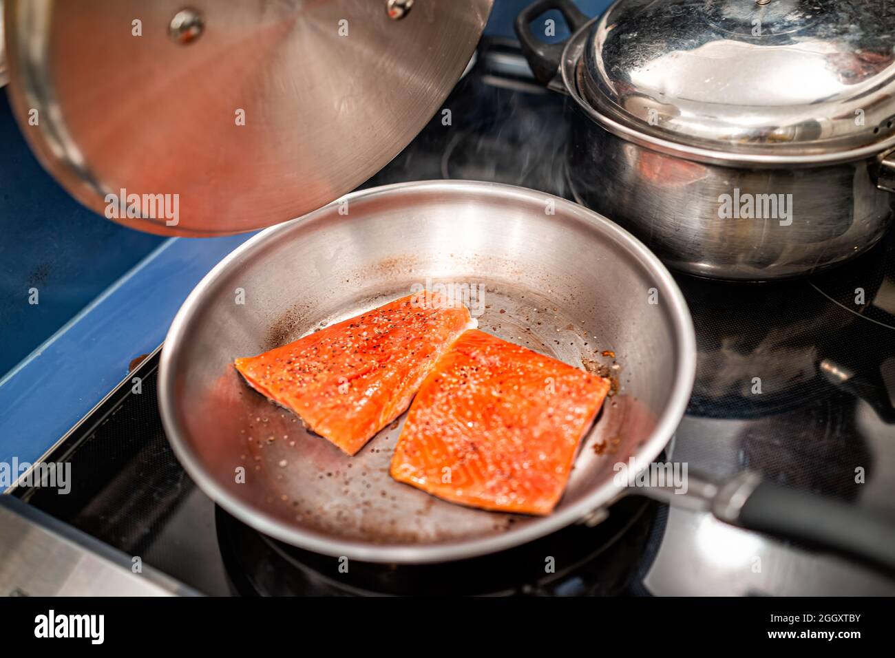 Raw sockeye salmon seafood fish with red color and omega 3 frying in