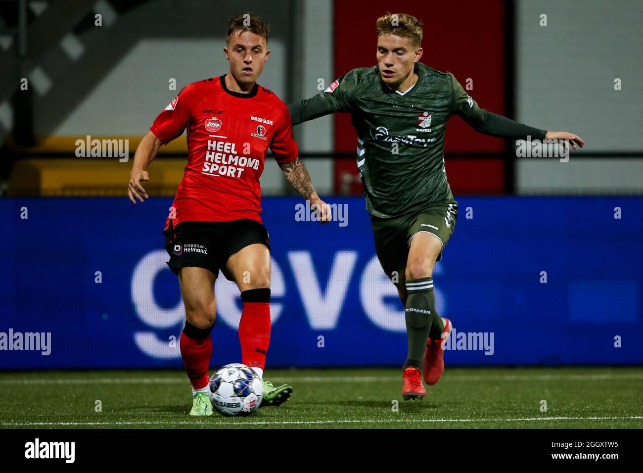 Helmond Netherlands 03rd Sep 2021 Helmond Netherlands September 3 Dean Van Der Sluijs Of Helmond Sport And Teun Bijleveld Of Fc Emmen During The Dutch Keukenkampioendivisie Match Between Helmond Sport And