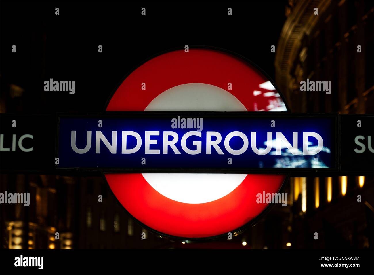 London Underground sign captured at night. Stock Photo