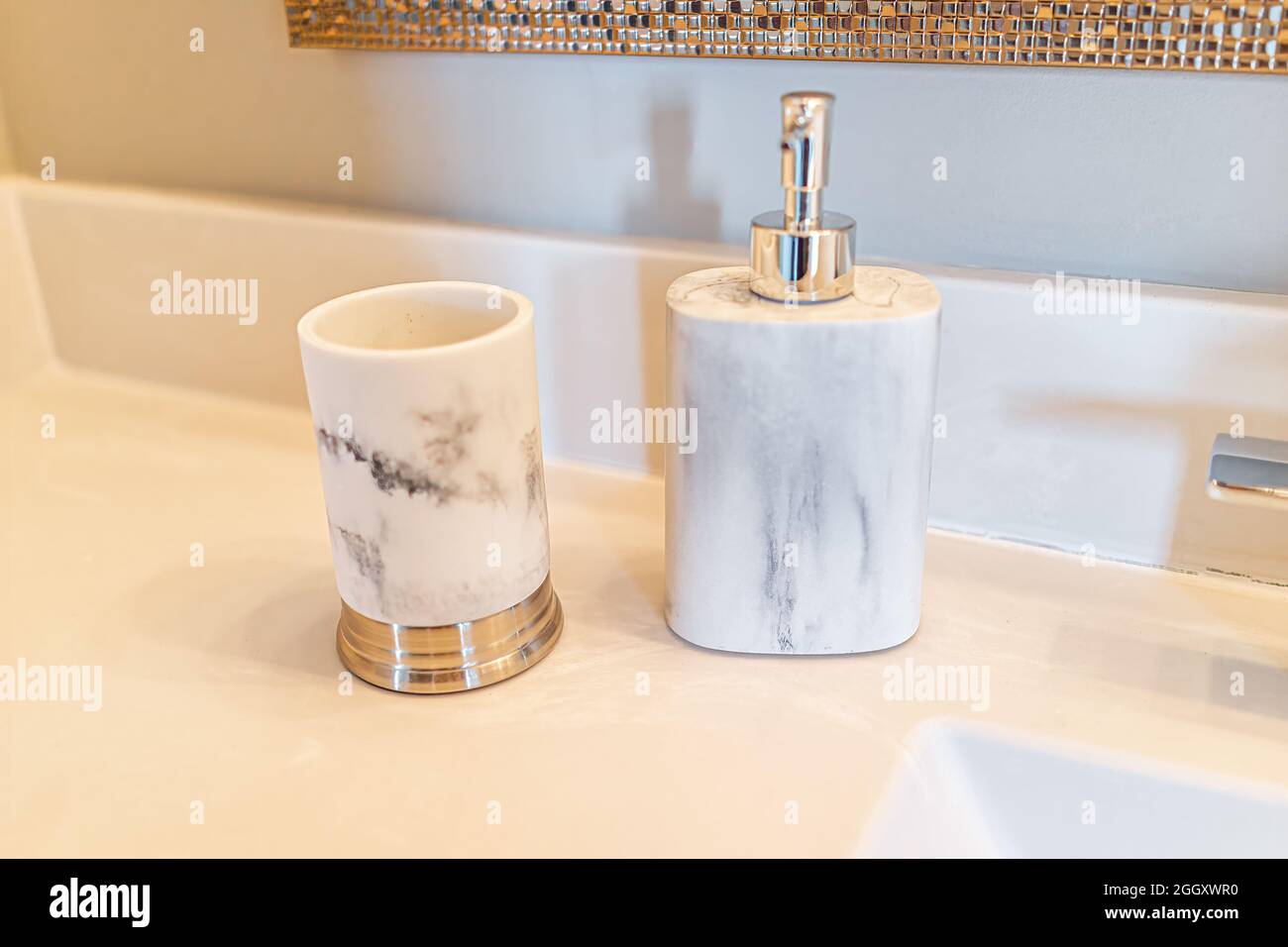 New modern bathroom sink with hand soap dispenser and toothbrush white ...