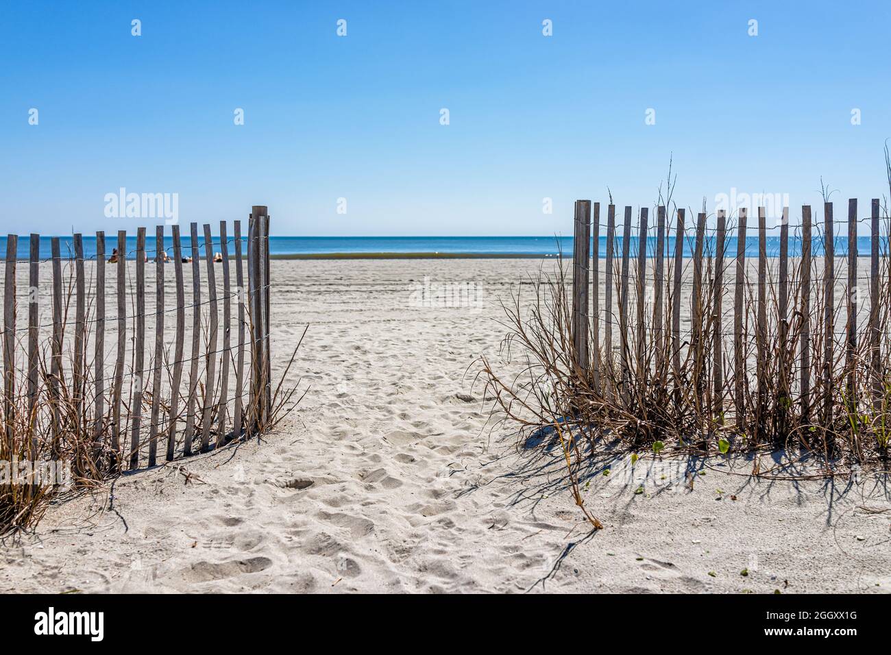 Myrtle Beach, South Carolina beach resort city town with Atlantic ocean water, blue sky and sand