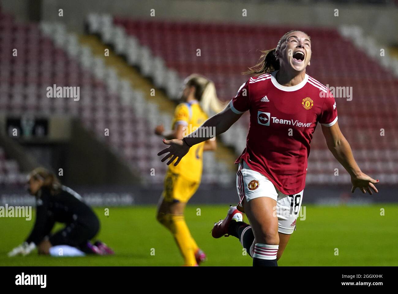 Manchester United's Kirsty Hanson celebrates scoring their side's first goal of the game during the FA Women's Super League match at Leigh Sports Village, Manchester. Picture date: Friday September 3, 2021. Stock Photo