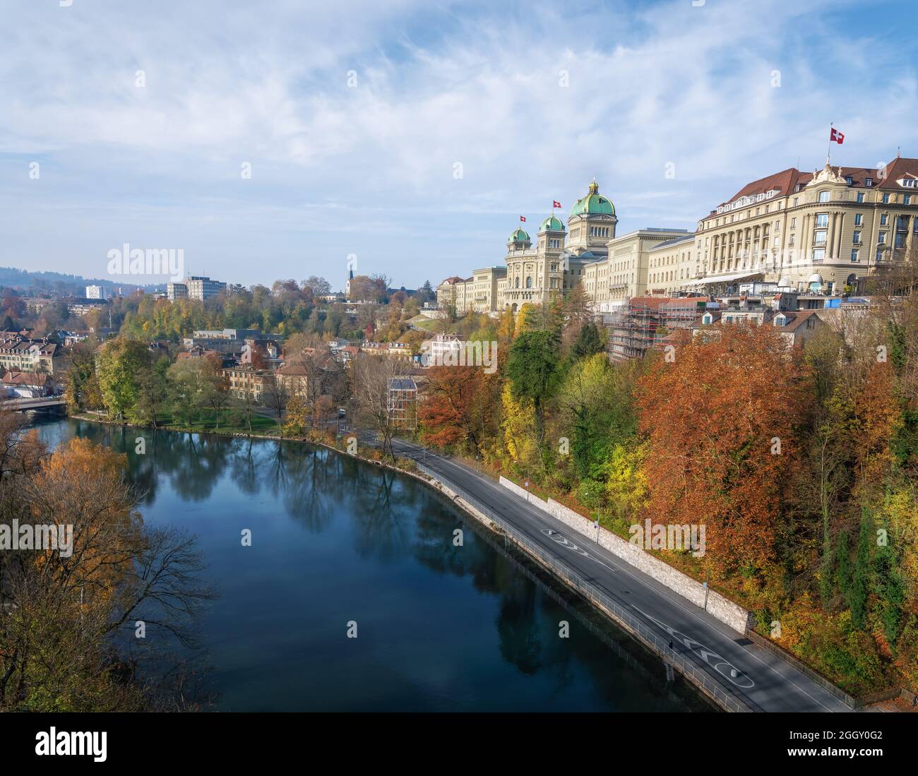 Federal Palace of Switzerland (Bundeshaus) and Aare River - Bern, Switzerland Stock Photo