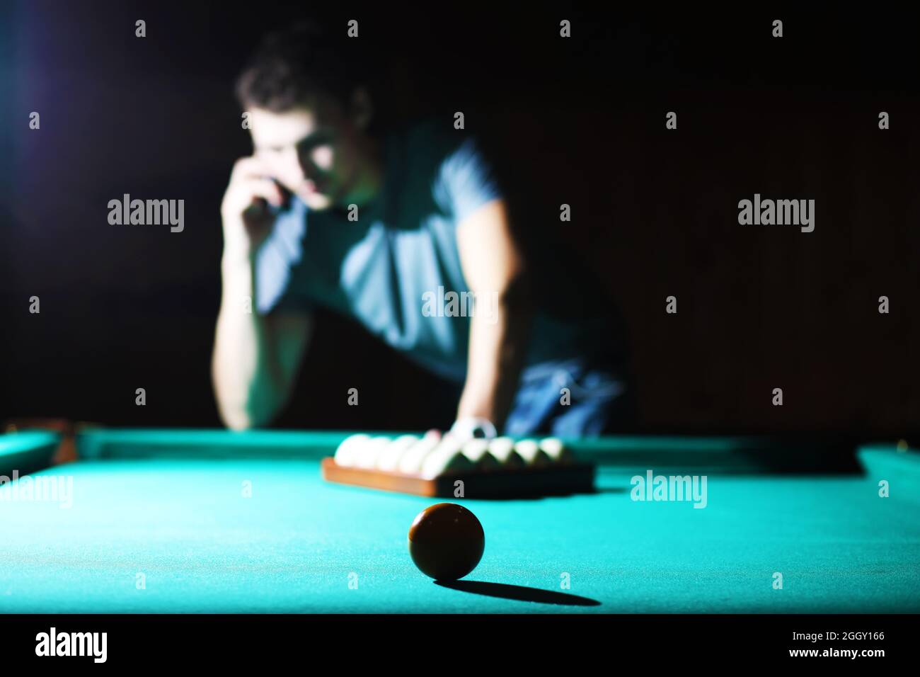 Billiard club. Gambling table with russian billiard set and dark cue