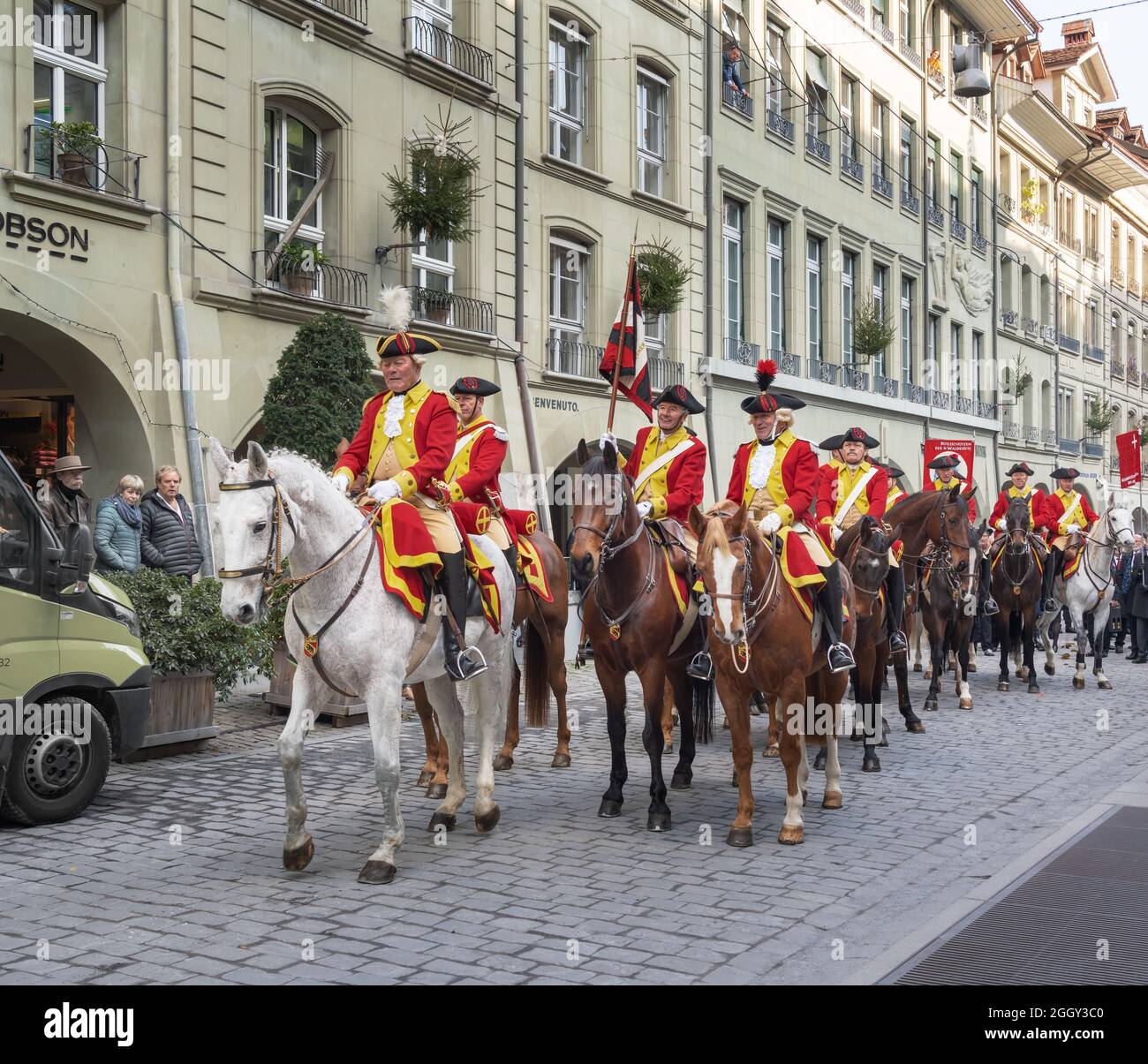 Parade of swiss soldiers on traditional costume during Zibelemarit Holiday (Onion Market) - Bern, Switzerland Stock Photo