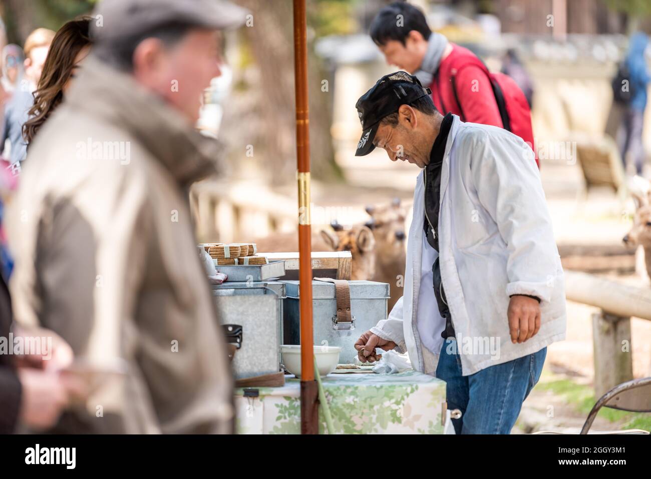 Nara, Japan - April 14, 2019: People man vendor selling rice crackers to tourists in city park for feeding deer food Stock Photo