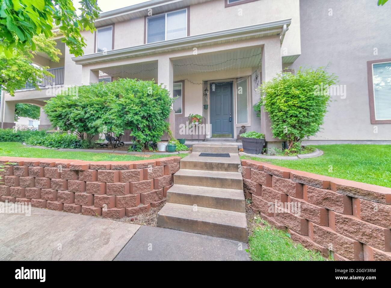 Elevated entrance of a house with gray front door and shrubs Stock