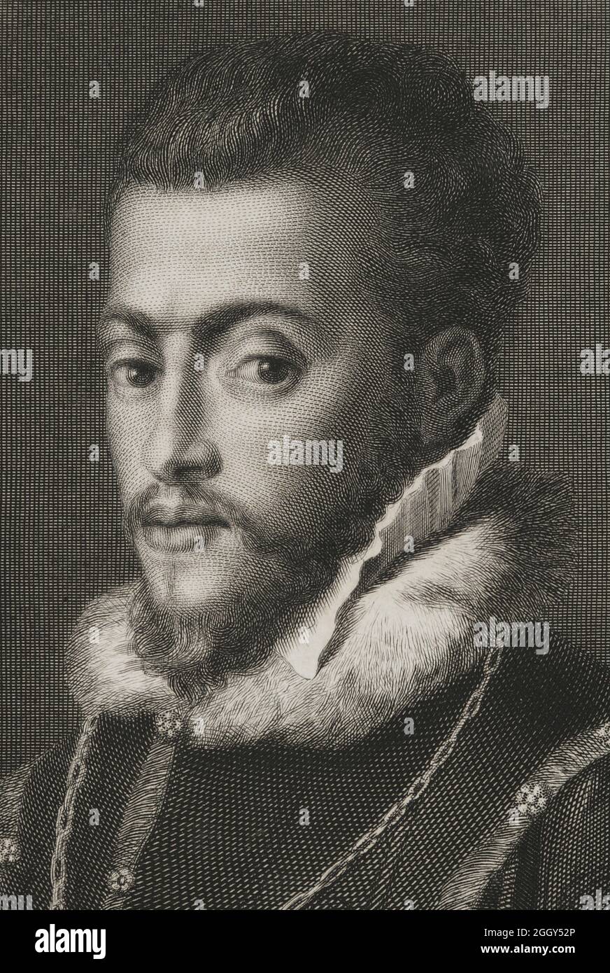 Philip II (1527-1598). King of Spain (1556-1598). Son of Emperor Charles V and Isabella of Portugal. Portrait. Engraving by Calamatta. Correspondance de Philippe II sur les affaires des Pays-Bas. Published in Brussels, 1848. Historical Military Library of Barcelona, Catalonia, Spain. Author: Luigi Calamatta (1801-1869). Italian artist. Stock Photo