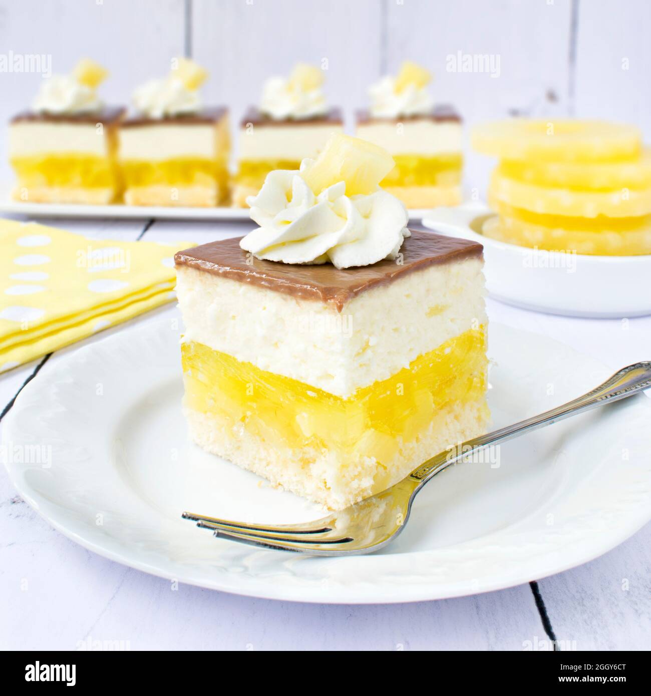 Homemade Pina Colada cake with jelly and fluffy coconut-pineapple foam. Stock Photo