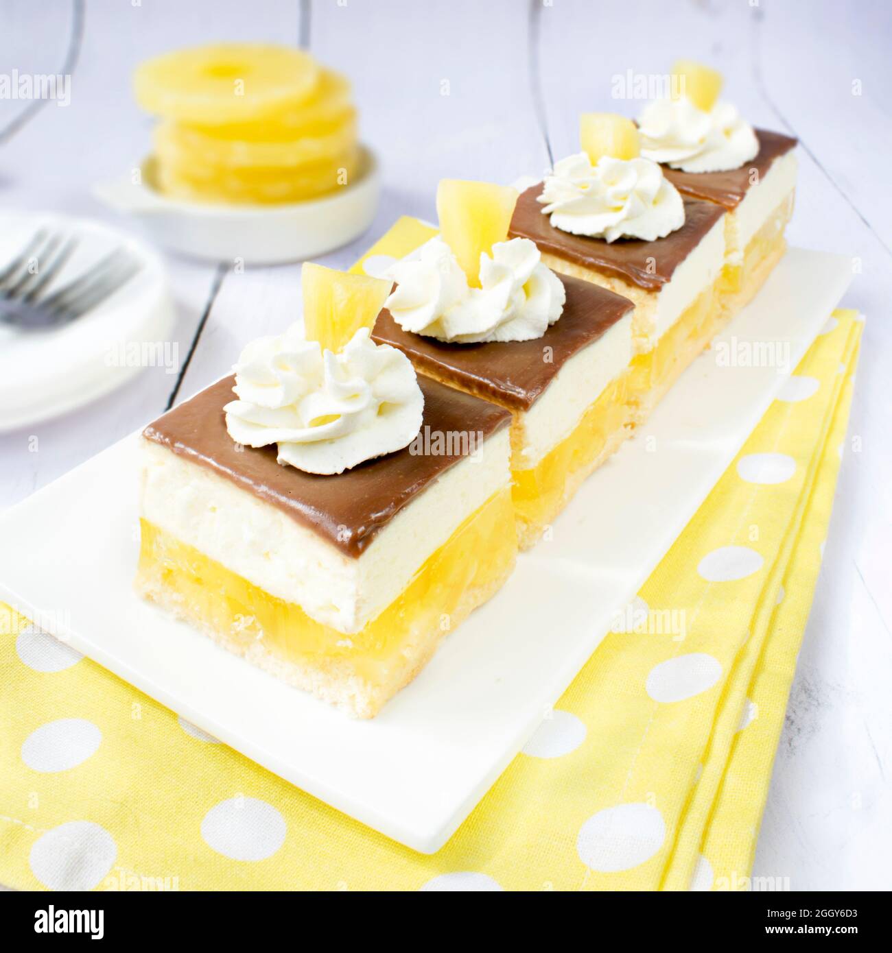 Homemade Pina Colada cake with jelly and fluffy coconut-pineapple foam. Stock Photo