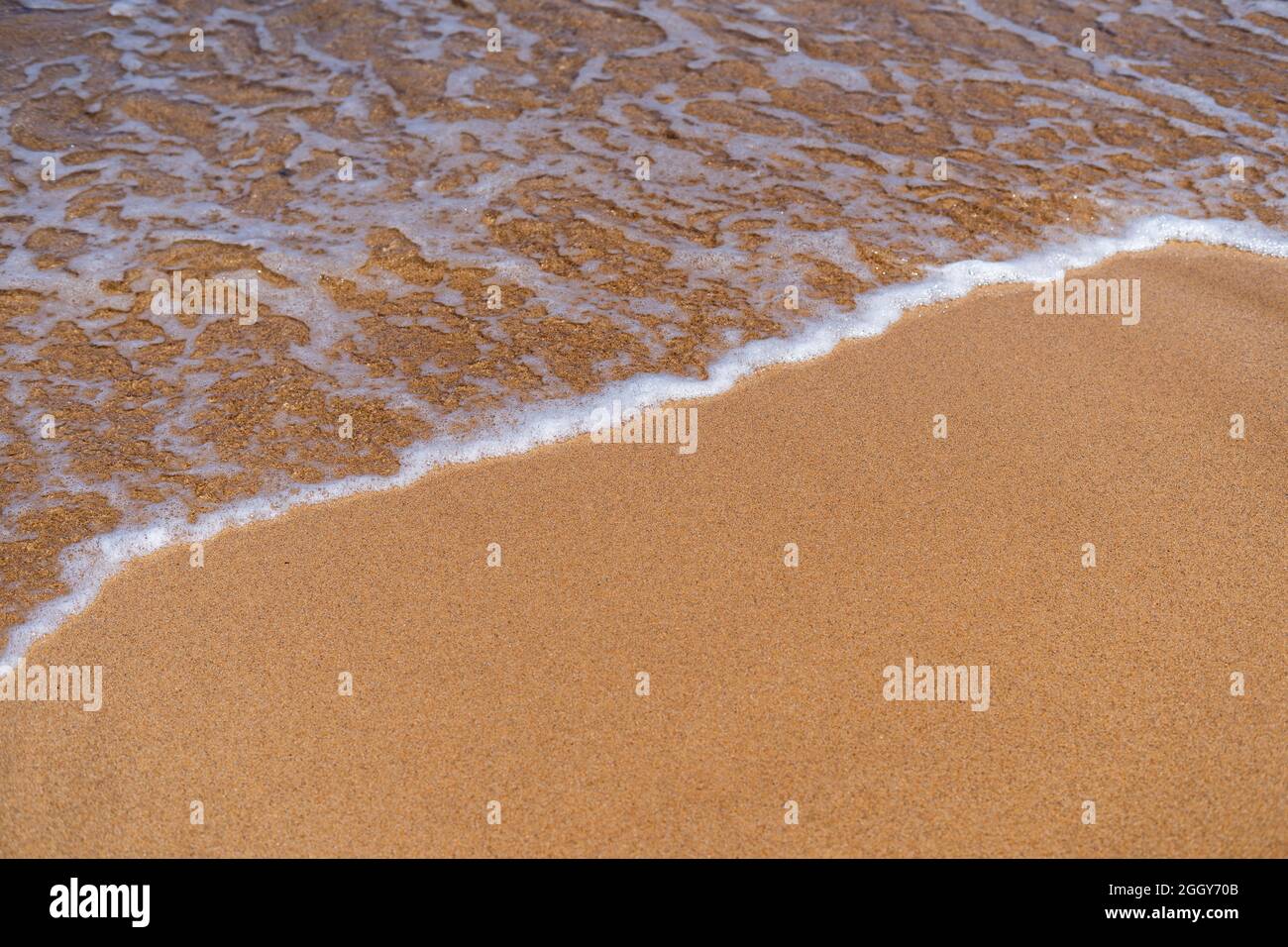 Sea foam on sand texture. Ocean waves on wet sand beach vacation