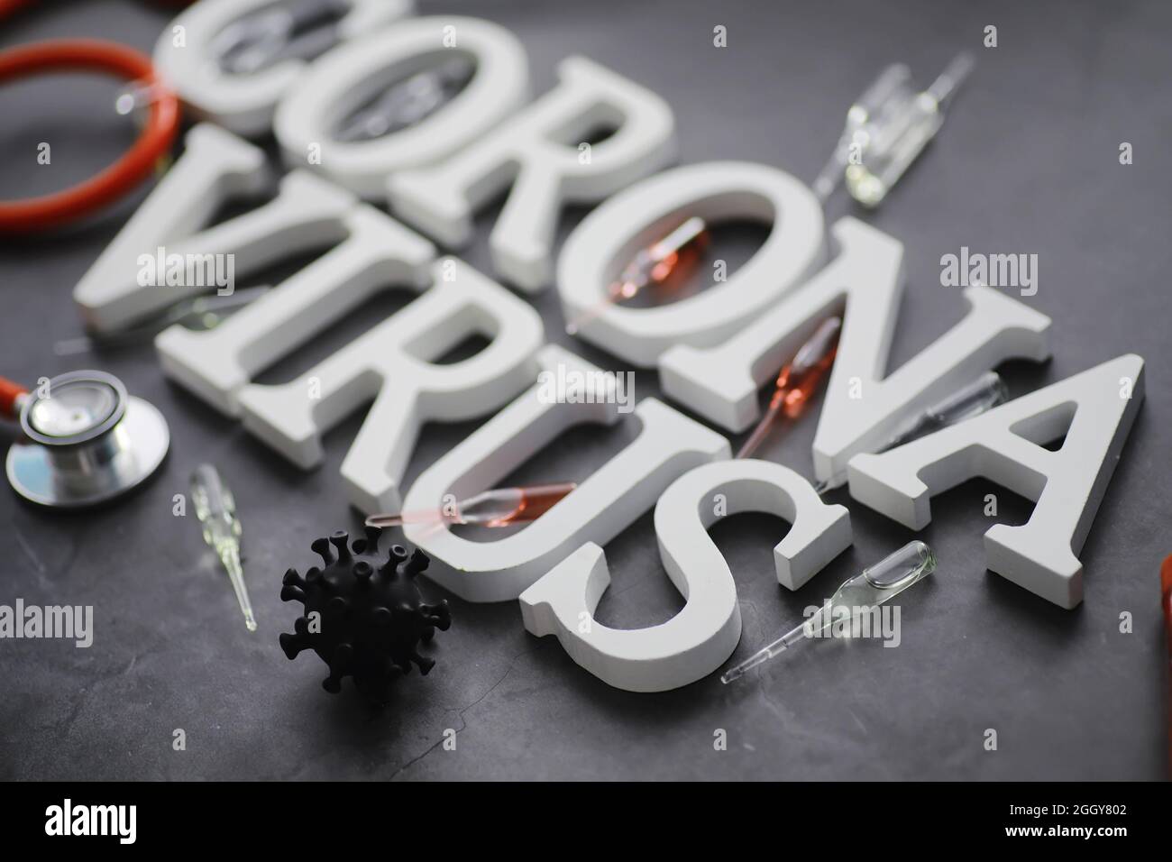 Virology Lettering Medical background. Lettering virus. Coronavirus wooden letters ...