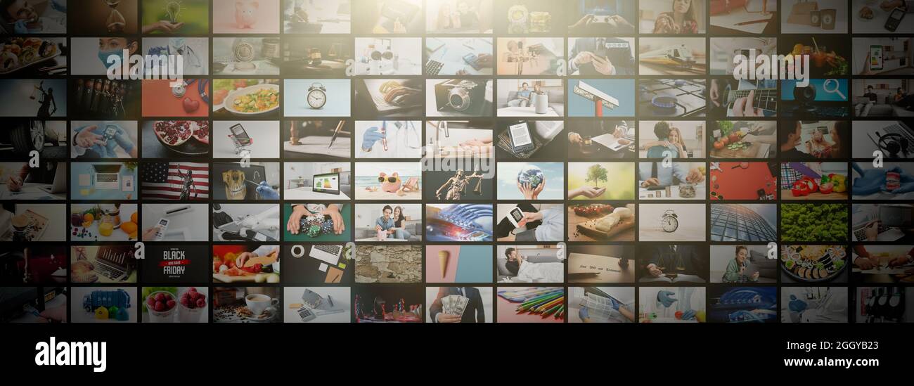 Multimedia video concept on media wall. TV streaming services, video on