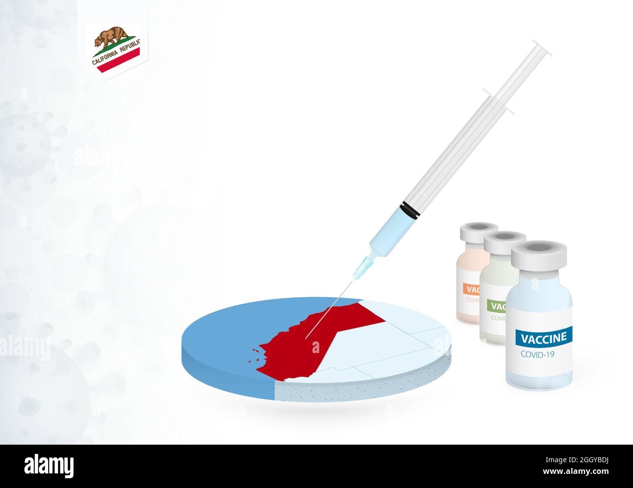 Vaccination in California with different type of COVID-19 vaccine. Сoncept with the vaccine injection in the map of California. Vector illustration. Stock Vector