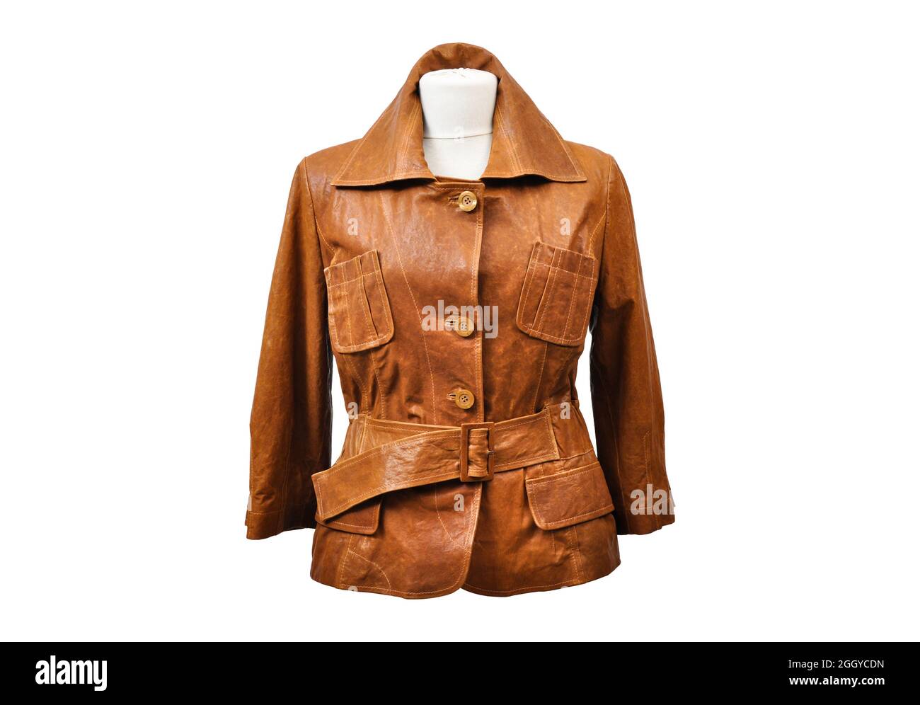 Brown women's leather jacket isolated on white background, fit size leather coat Stock Photo