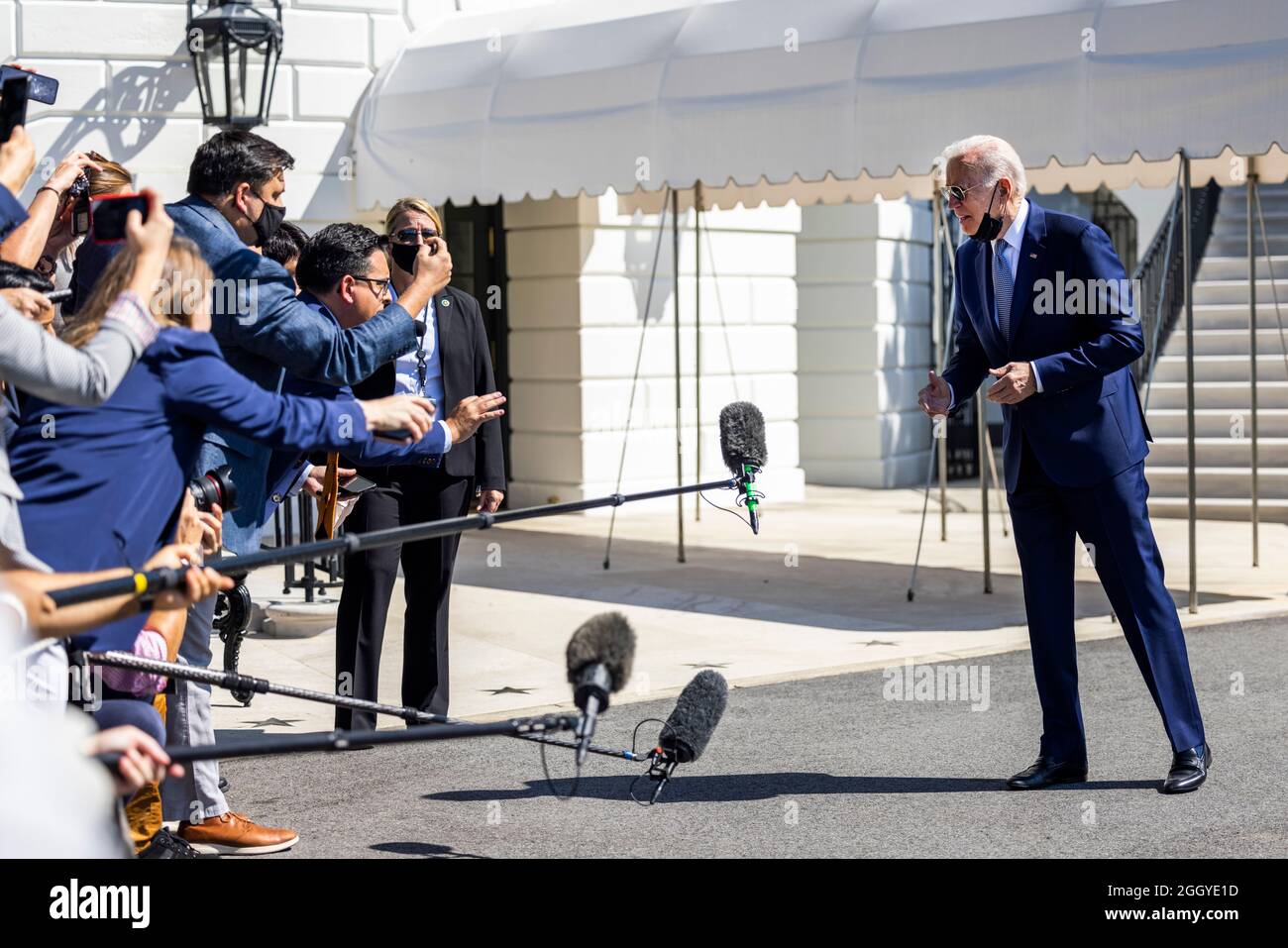 US President Joe Biden speaks briefly to the media as he departs the White House for hurricane-ravaged New Orleans in Washington, DC, USA, 03 September 2021.Credit: Ken Cedeno/Pool via CNP /MediaPunch Stock Photo