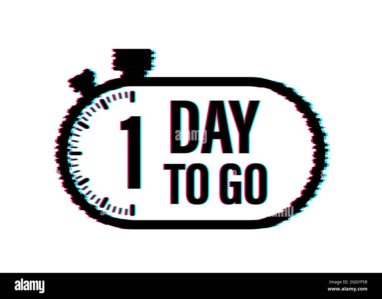 1 Day to go. Countdown timer. Clock icon. Time glitch icon. Count time