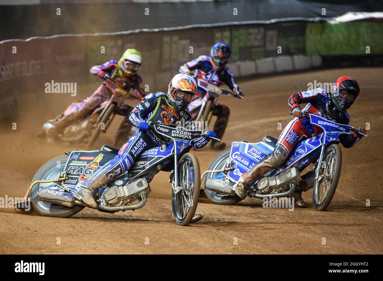 Manchester, UK. 03 September 2021.  Jason Edwards (White) leads Elliot Kelly (Yellow), Harry McGurk (Red) and Jack Parkinson-Blackburn (Blue) during the National Development League match between Belle Vue Aces and Mildenhall Fens Tigers at the National Speedway Stadium, Manchester on Friday 3rd September 2021. (Credit: Ian Charles | MI News) Credit: MI News & Sport /Alamy Live News Stock Photo