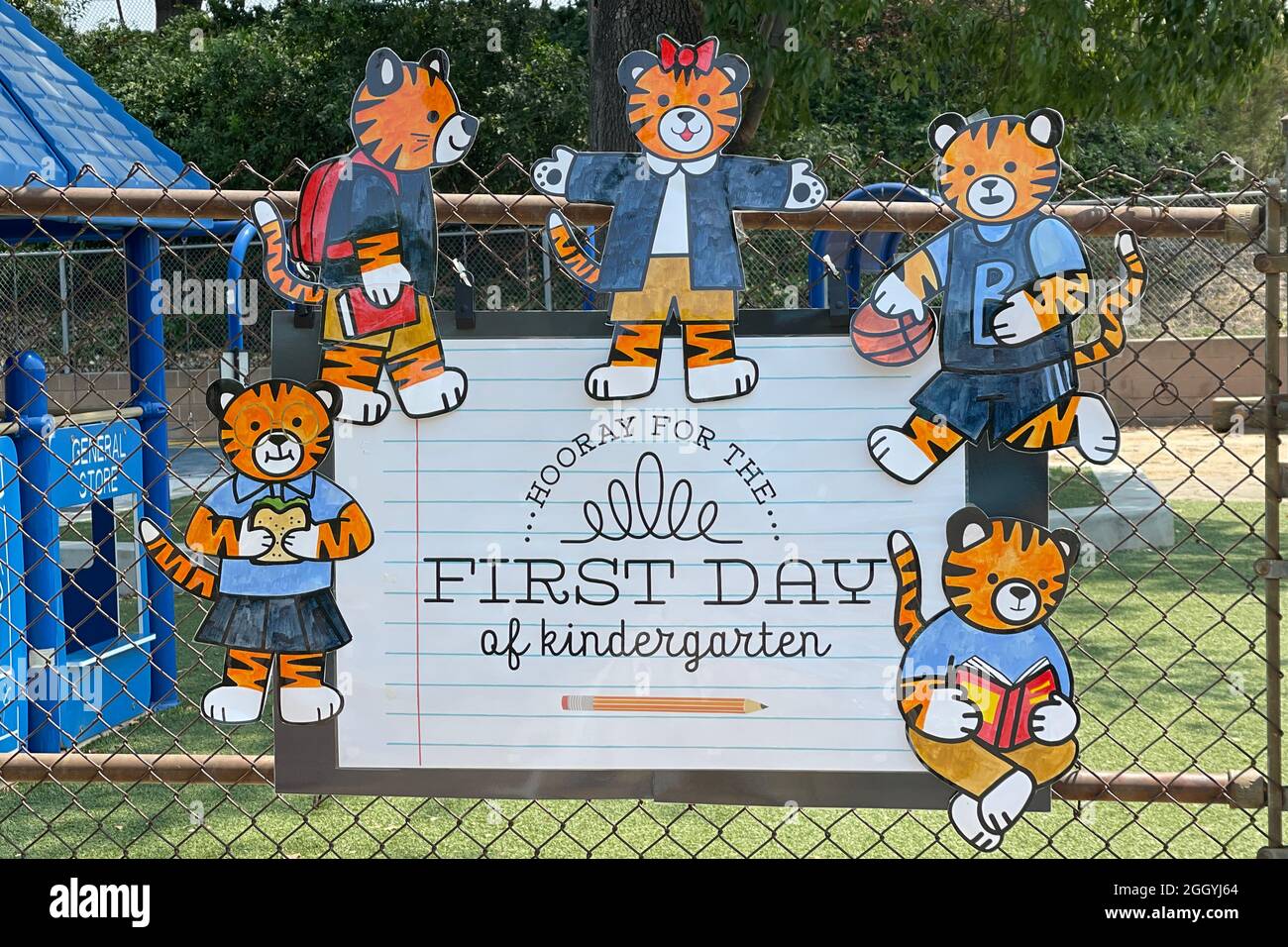 A first day of Kindergarten sign at Brightwood School, Tuesday, Aug. 17, 2021, in Monterey Park, Calif. Stock Photo