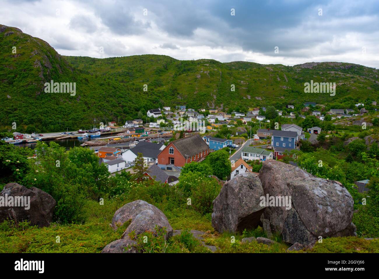 A view of Petty Harbour, Newfoundland, a small fishing village with a sheltered harbour