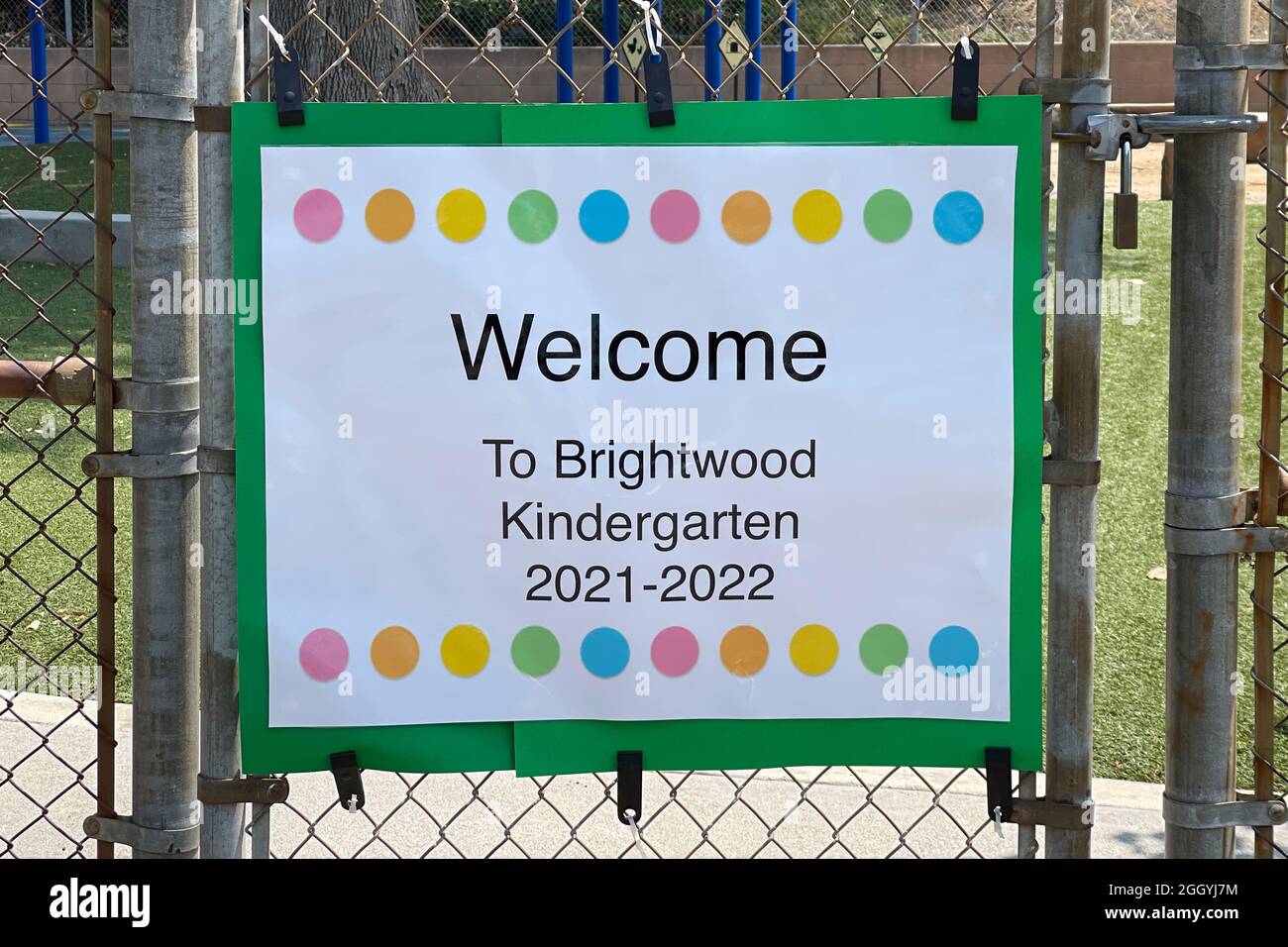 A Kindergarten welcome sign at Brightwood School, Tuesday, Aug. 17, 2021, in Monterey Park, Calif. Stock Photo