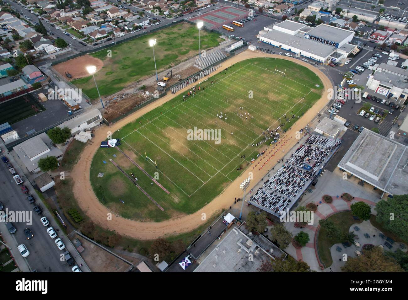 An aerial view of the Garfield High School football field and track