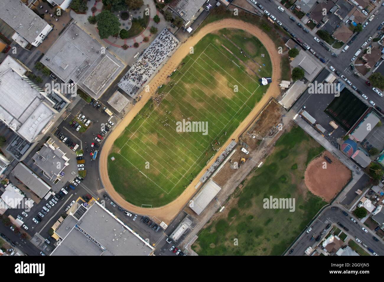 An aerial view of the Garfield High School football field and track