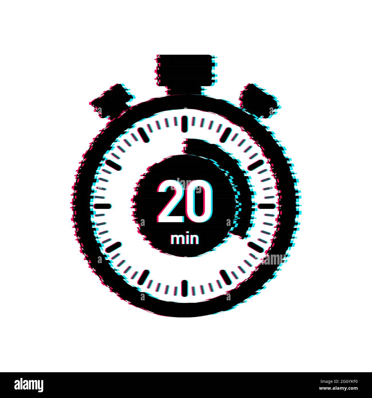 The 20 minutes, stopwatch vector glitch icon. Stopwatch icon in flat