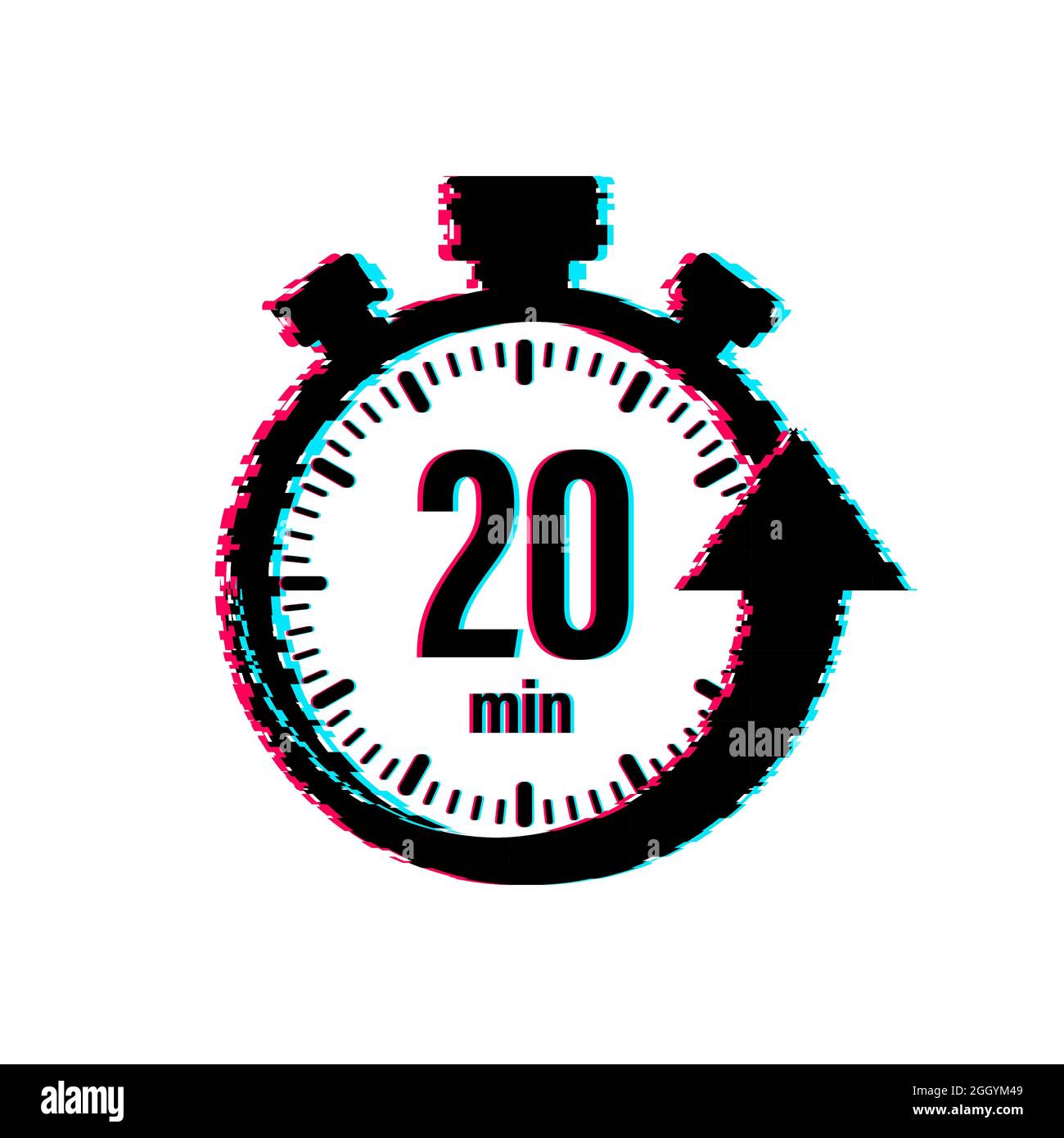 The 20 minutes, stopwatch vector glitch icon. Stopwatch icon in flat